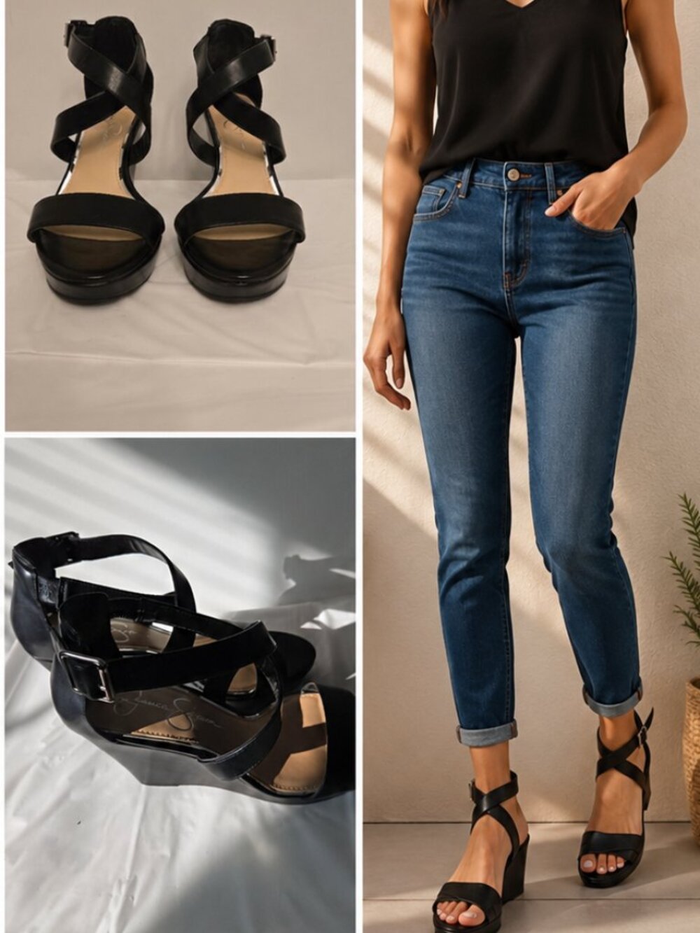 Jessica Simpson Black Platform Strappy Wedge Heels Size 9 | Ankle Strap Sandals